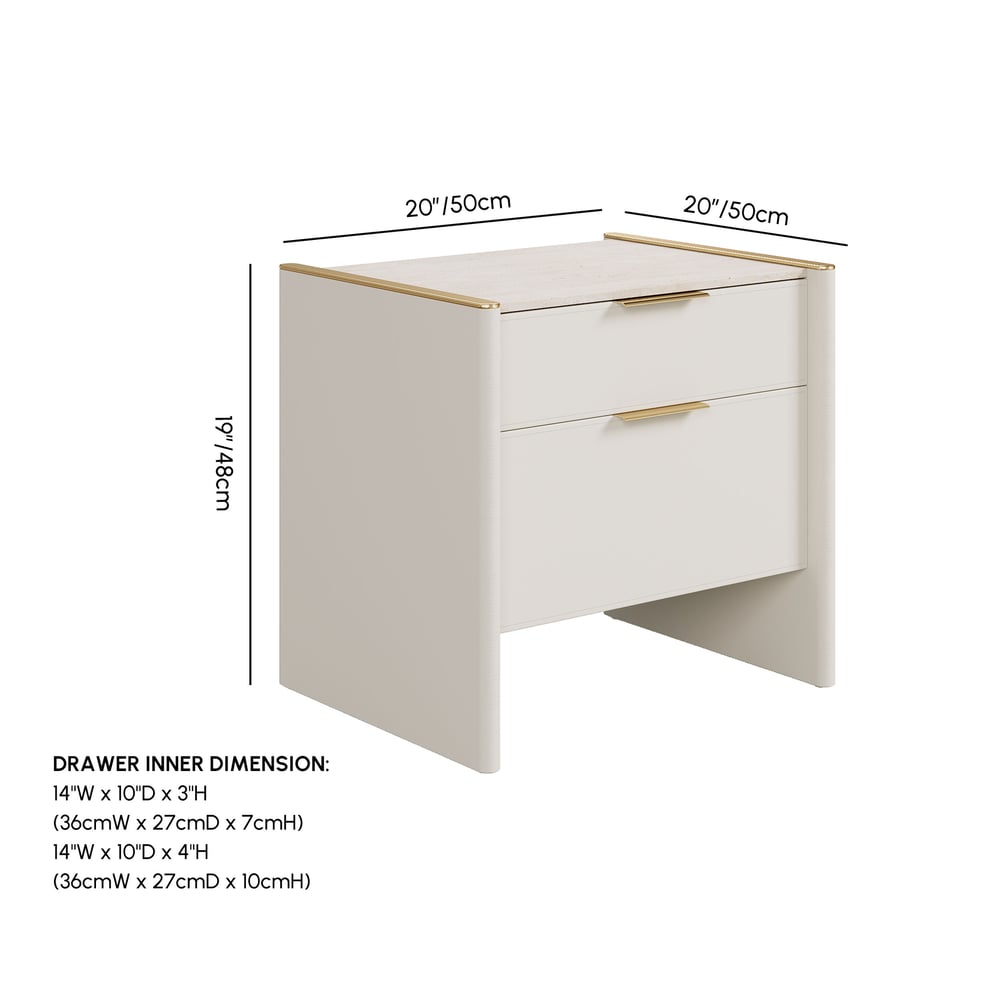 Modern Saddle Leather 2-Drawer Nightstand with Faux Travertine Stone Top weights dimensions image