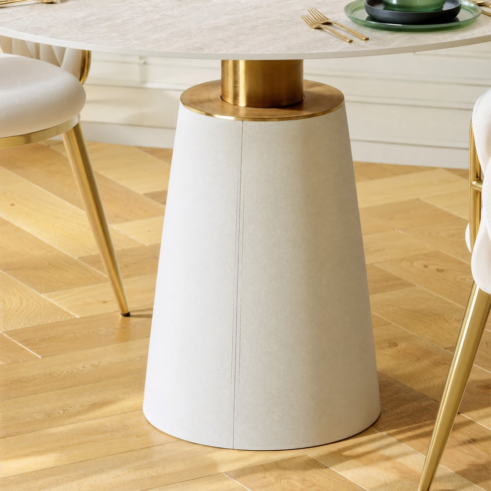 Modern 39" Round Faux Travertine Dining Table with Leather-Wrapped Base, Seats 2 window image