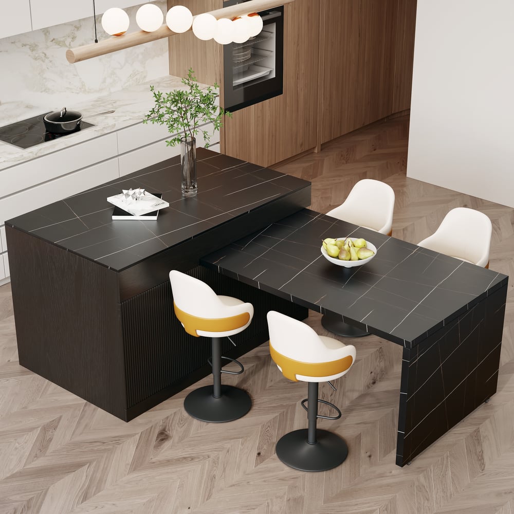 Îlot de cuisine en bois extensible de 81 à 112 pouces avec rangement, noir image de fenêtre