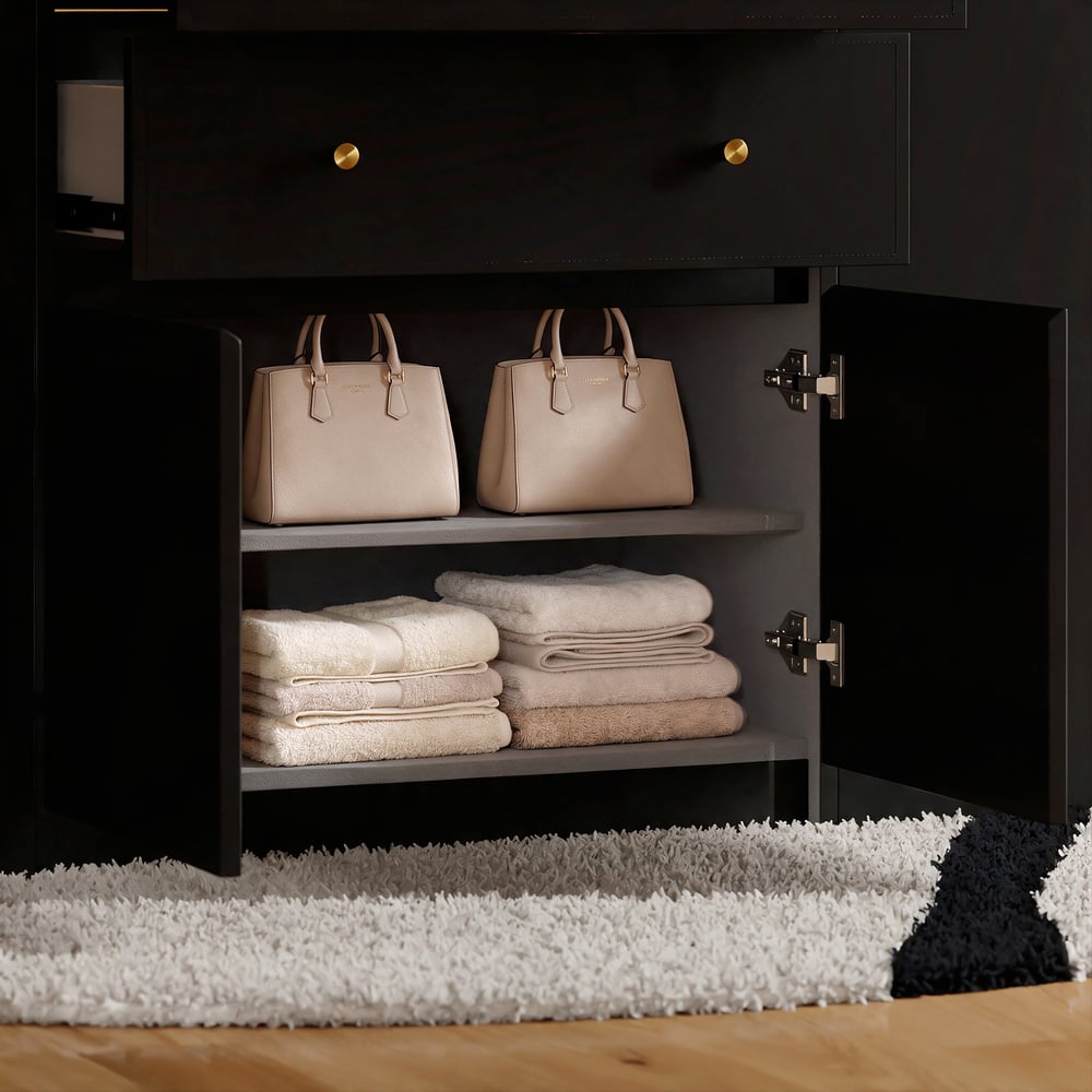 Selvo Saddle Leather Black Closet Island with Storage, Light and Jewelry Display window image