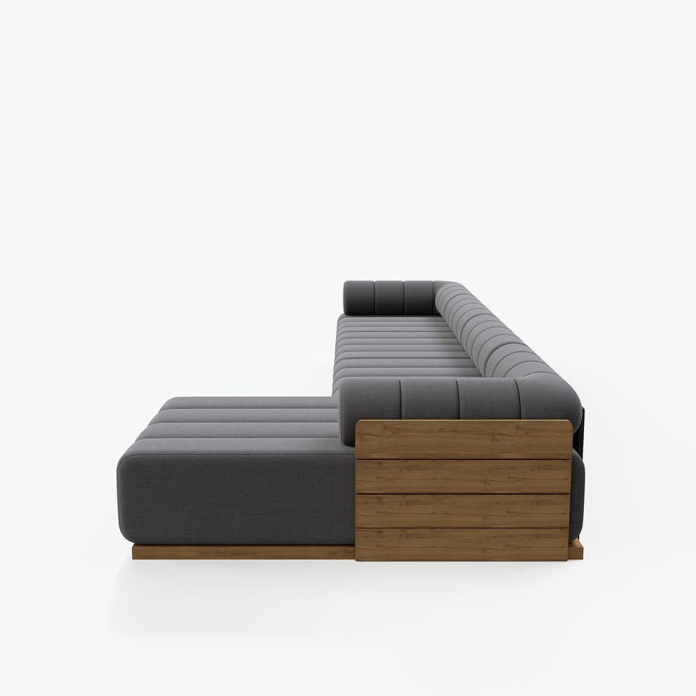 Resaro 4-delige modulaire buitenbankset van teakhout voor 5 personen in grijs Vensterafbeelding