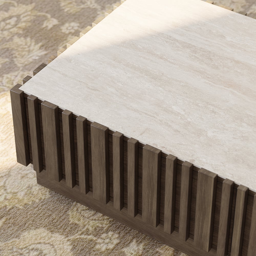 Aura 47" Ash Wood Slatted Coffee Table with Sintered Stone Top window image