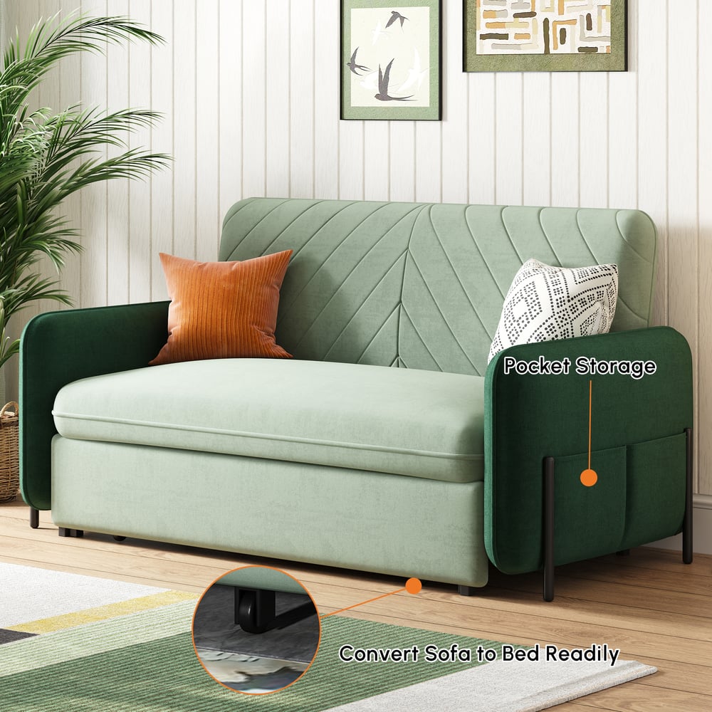 170 cm 2-Seater Green Velvet Convertible Sleeper Sofa with Storage & Pillows window image