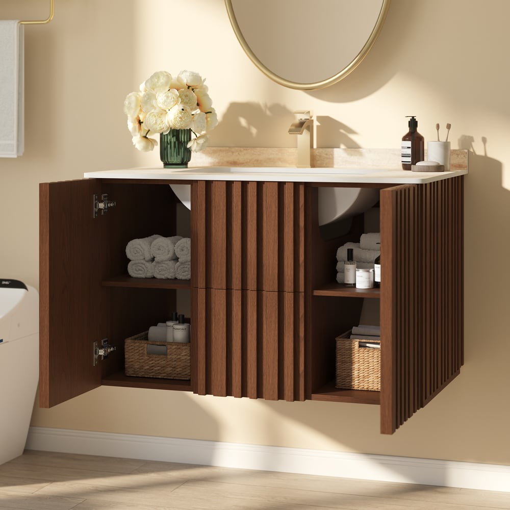 Aura 36" Bathroom Vanity with Light Ash Wood Slatted Panels Faux Travertine Top window image