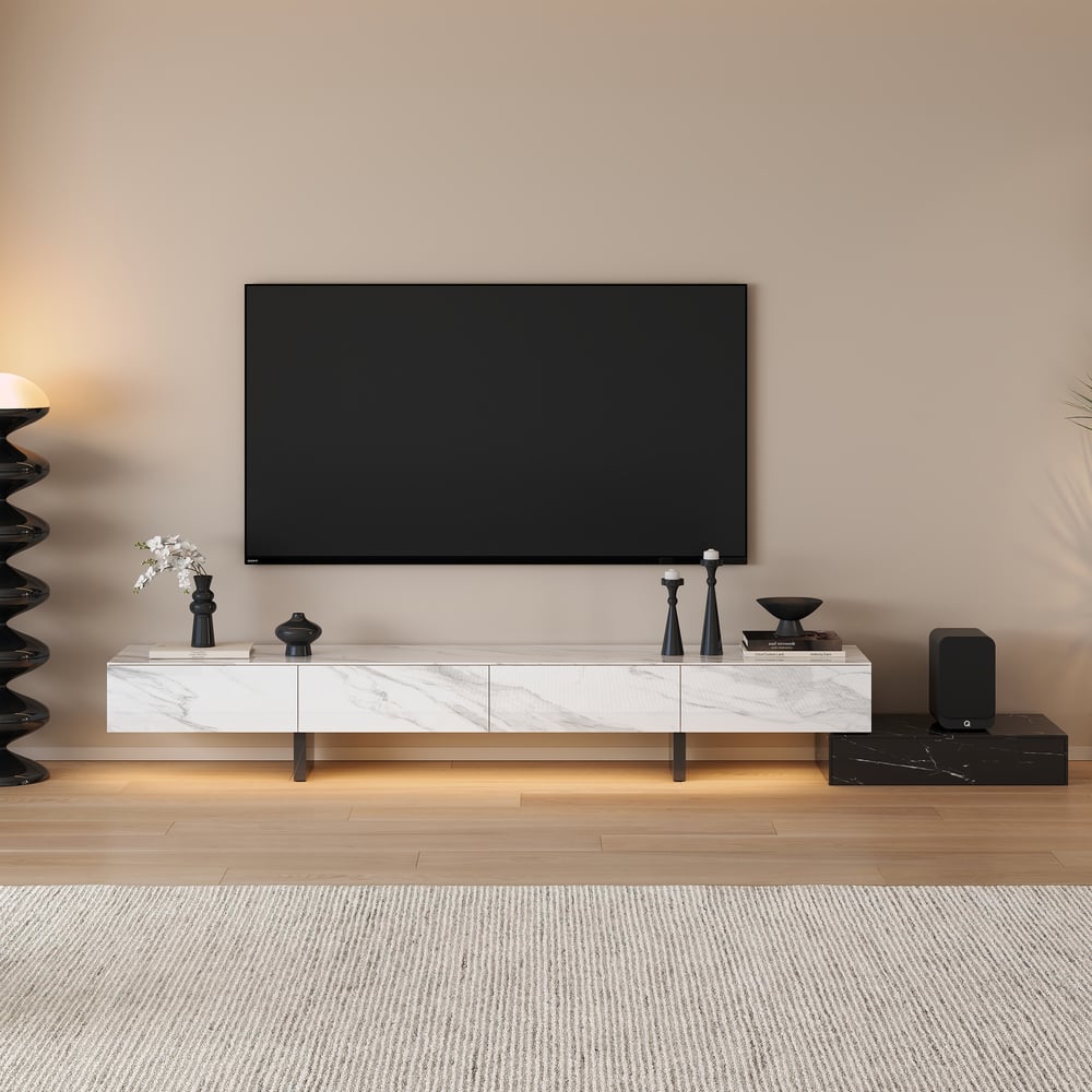 Meuble TV extensible de 87"-106" avec plateau en pierre frittée et 5 tiroirs image de fenêtre