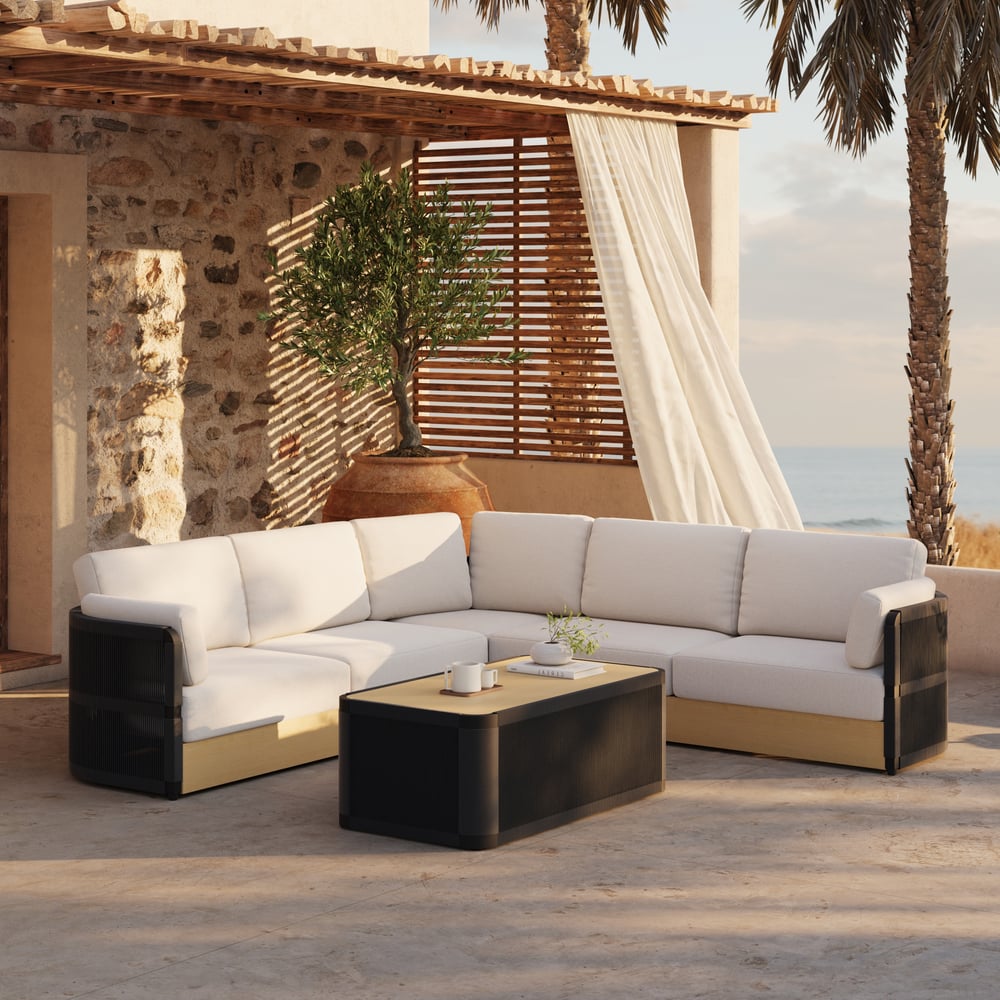 Costra Handwoven Rope L-Shaped Outdoor Sofa with Coffee Table in Black window image