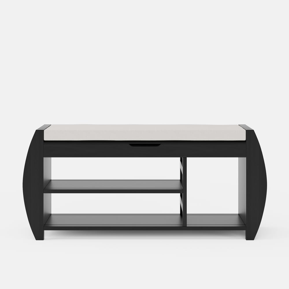 Banco zapatero de entrada de madera maciza negra de 40 pulgadas con estante para zapatos Imagen de ventana