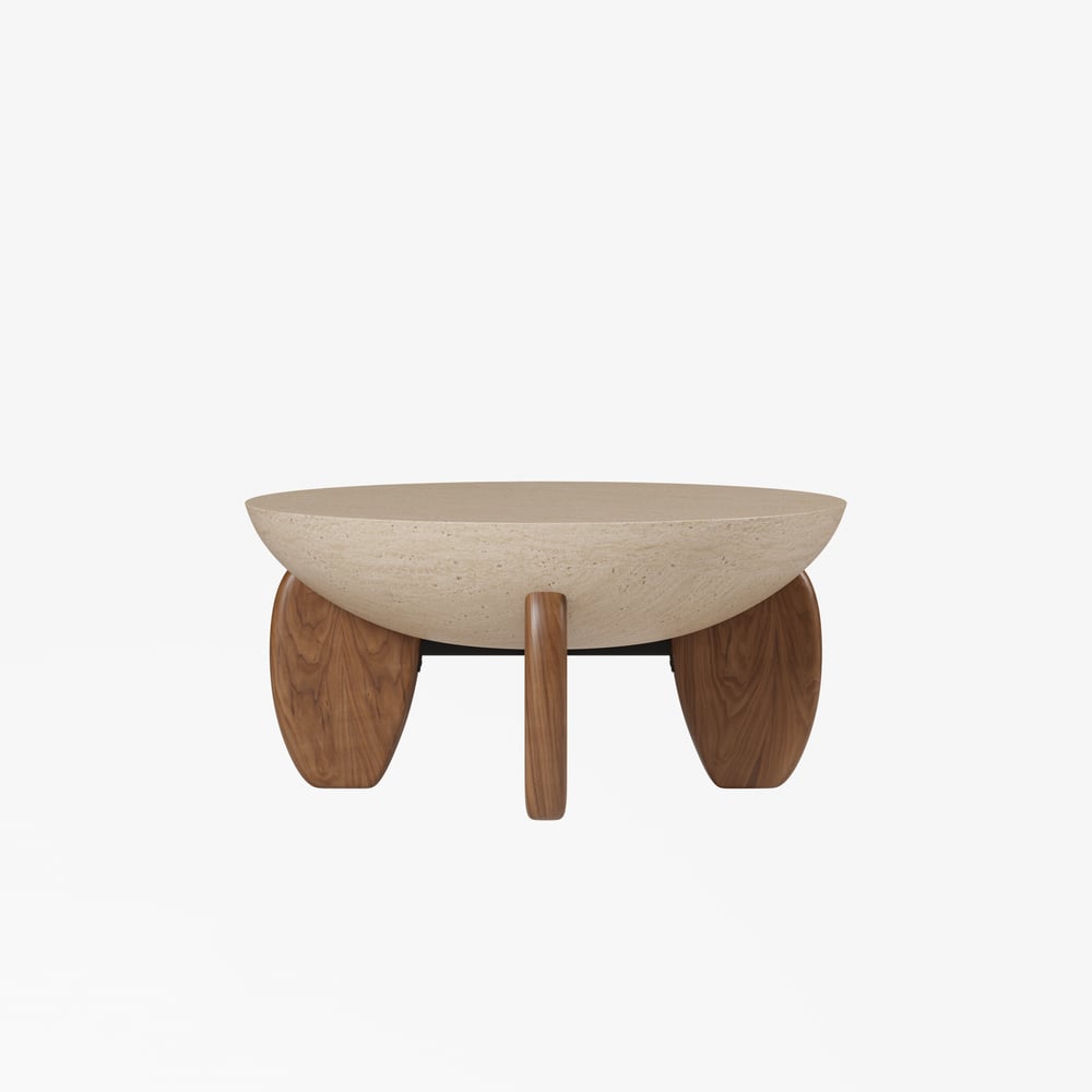 Table Basse Curva 76 cm Ronde en Béton Noyer avec Pieds en Bois image de fenêtre