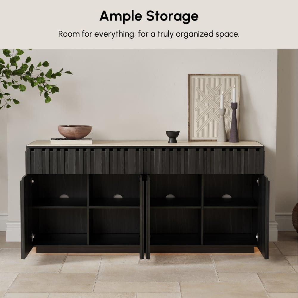 Aura 65" Ash Wood Slatted Black TV Stand with Sintered Stone Top window image
