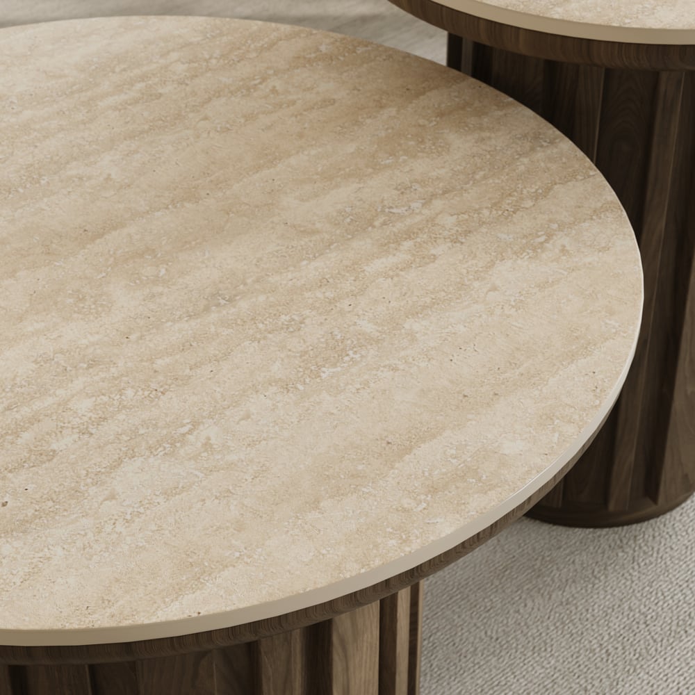 Table basse ronde à lattes en bois de frêne Aura avec plateau en pierre frittée image de fenêtre