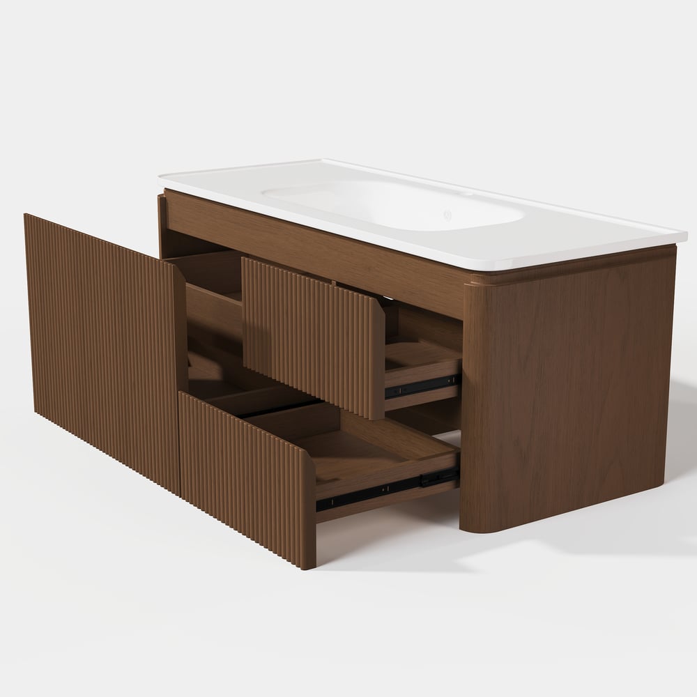 Moderno tocador de baño flotante acanalado de 119 cm con lavabo, LED suave y amplio almacenamiento Imagen de ventana