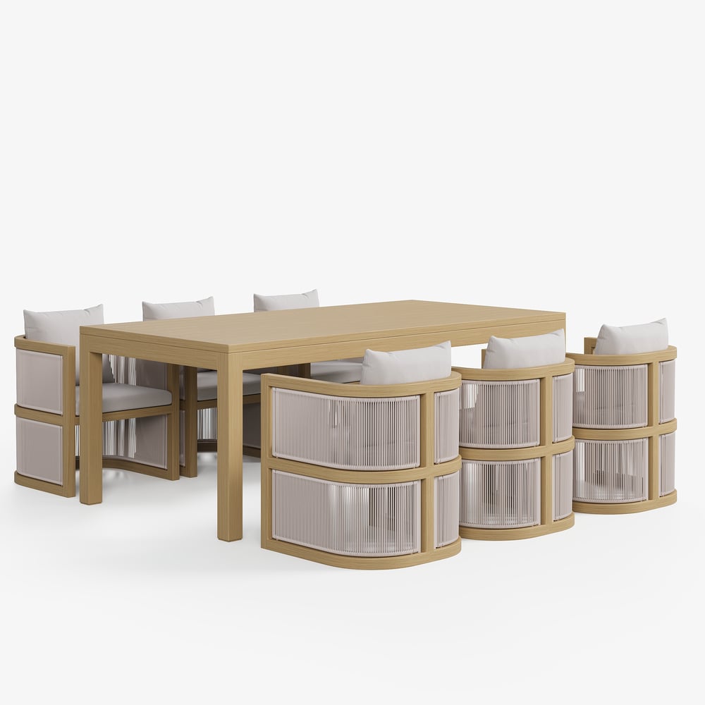 Set da pranzo da esterno Wevara a 7 pezzi con intreccio in corda e 6 sedie in colore naturale Immagine della finestra