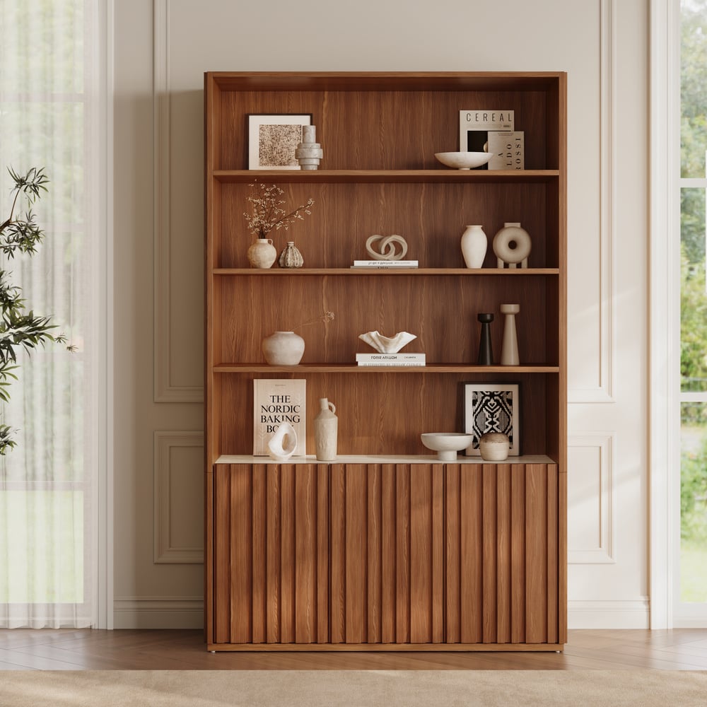 Aura 47” Ash Wood Fluted Walnut Bookcase With Sintered Stone Top window image