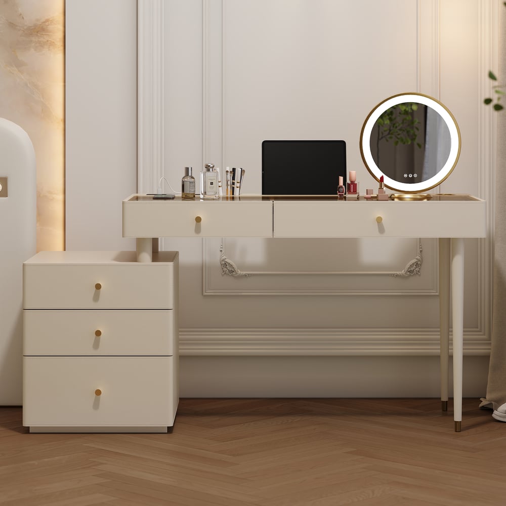 Selva Oatmeal Saddle Leather LED-Makeup Vanity Set with Charing Station and Mirror window image