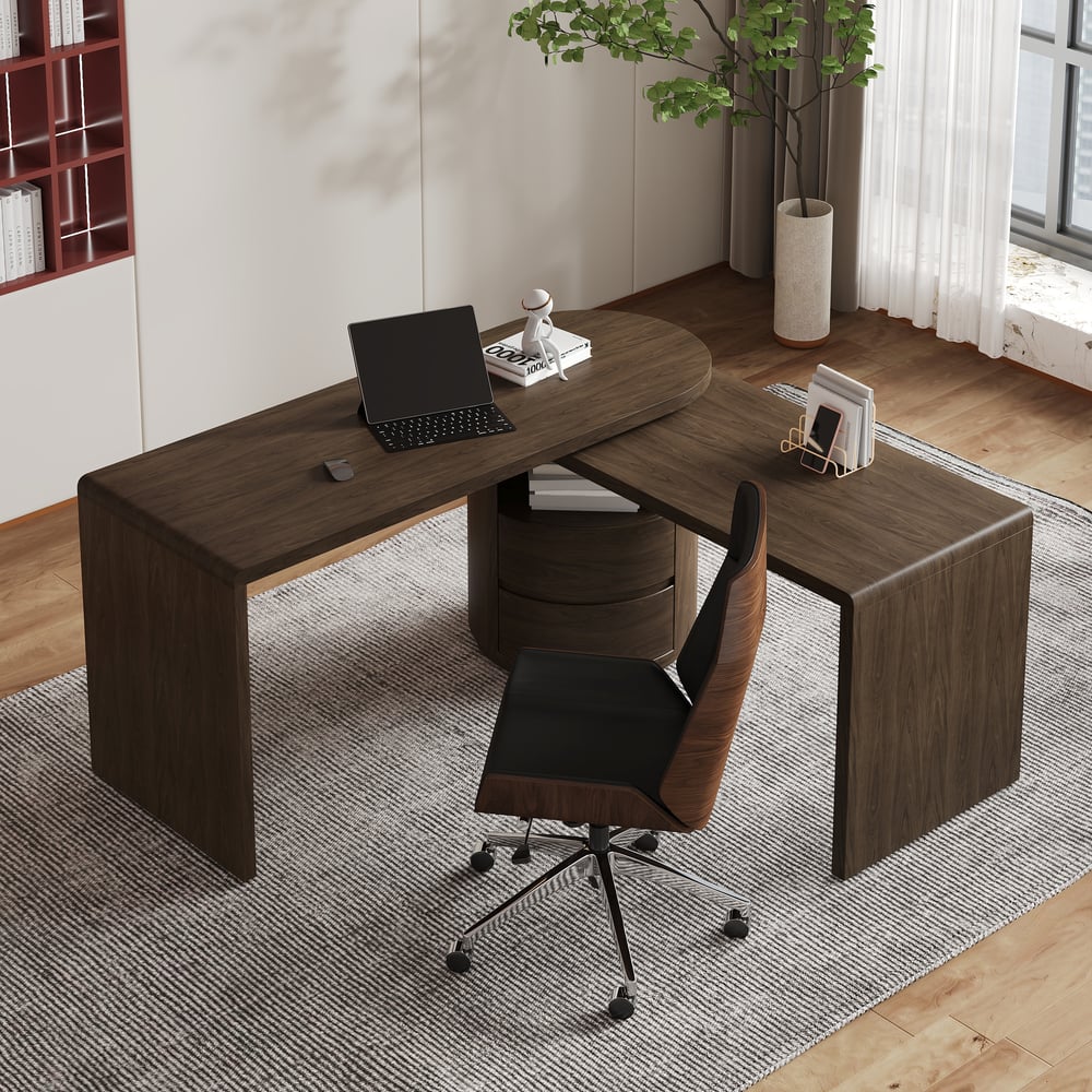 Modern 60" L-Shaped Walnut Office Desk with Drawers, Rotating Design window image