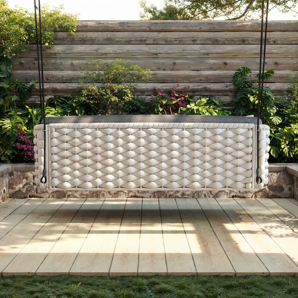 Cadeira Suspensa Tatta Outdoor em Alumínio com Trama de Corda e Almofada em Cinza Imagem da janela