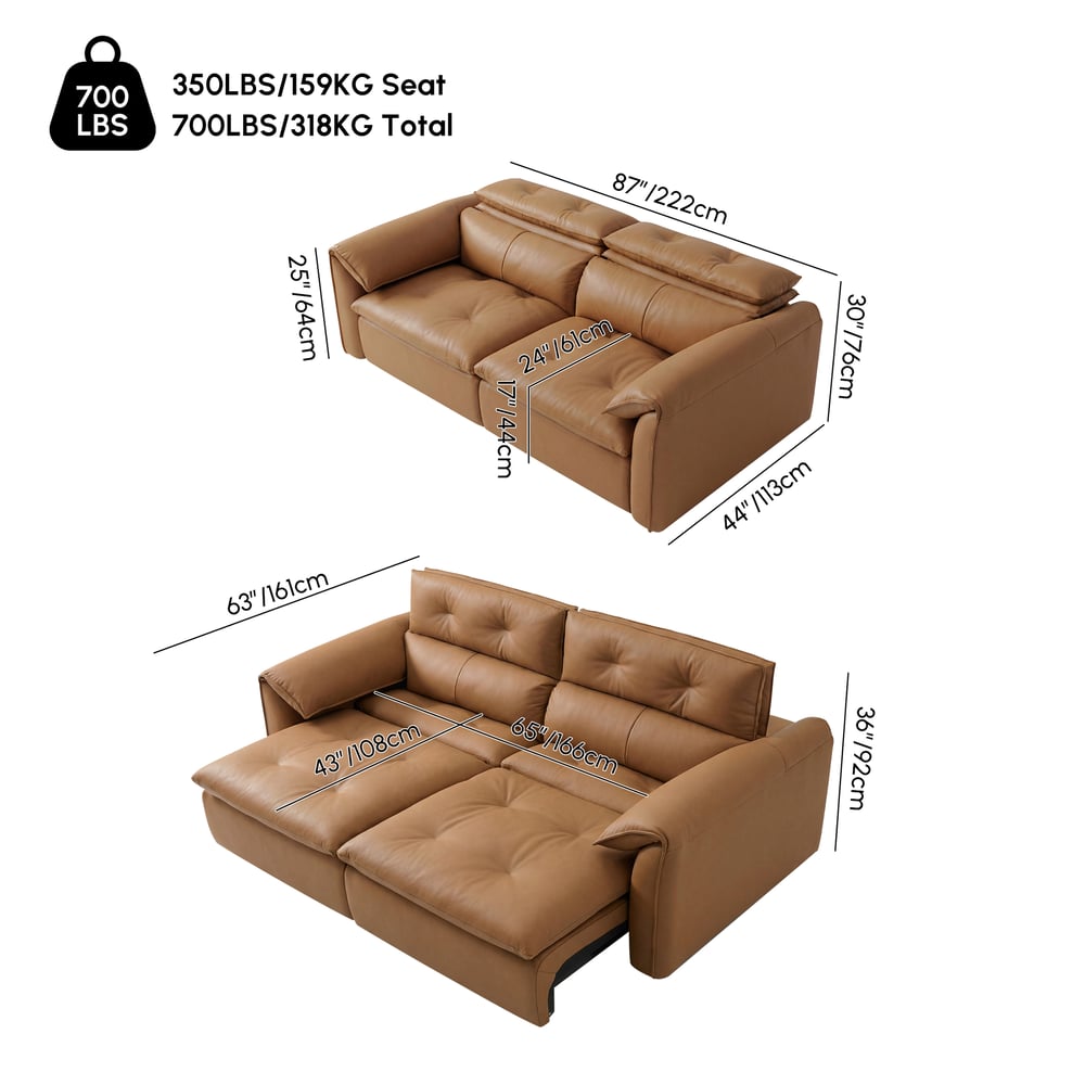 87" 2-Seater Genuine Leather Power Convertible Sleeper Sofa weights dimensions image