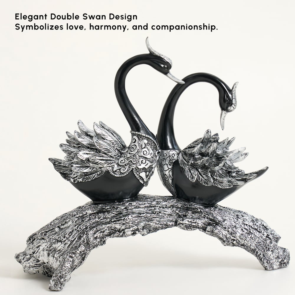 Sculpture de couple de cygnes en résine noir et argent pour décoration de table image de fenêtre