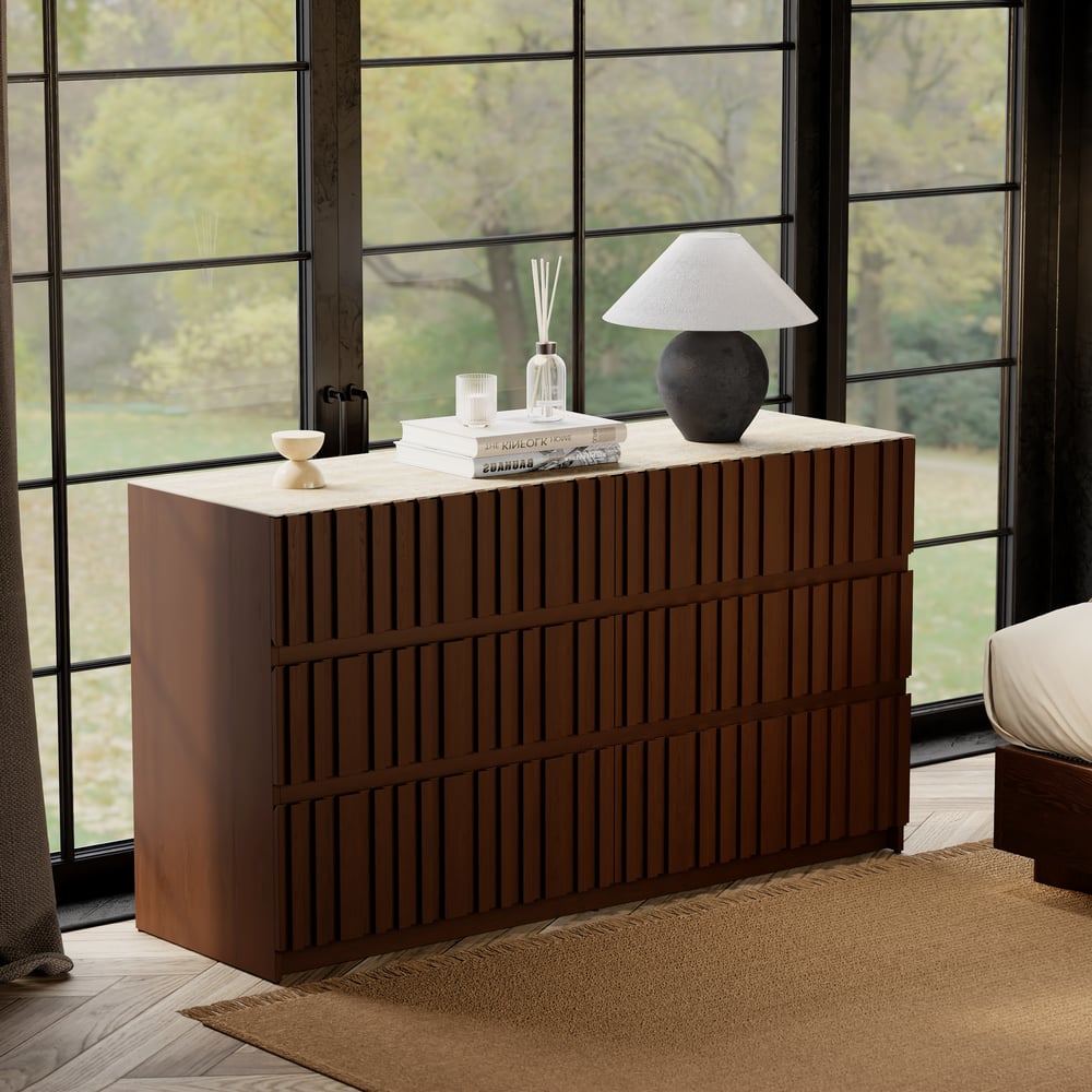 59" Walnut and Sintered Stone 6-Drawer Lighted Dresser window image