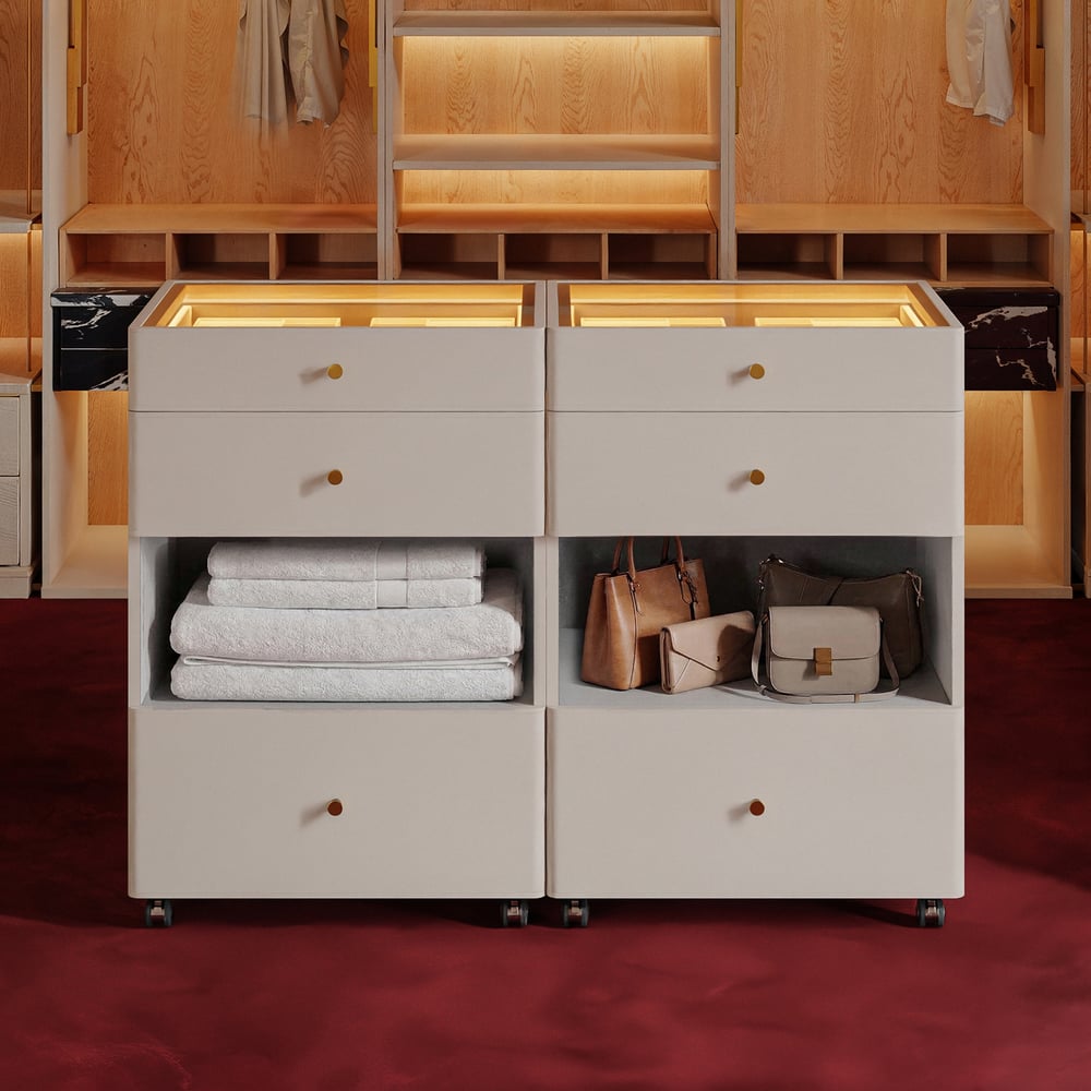 Selvo Walk-In Closet Island Jewelry Dresser with Glass Top & Light Set of 2 window image
