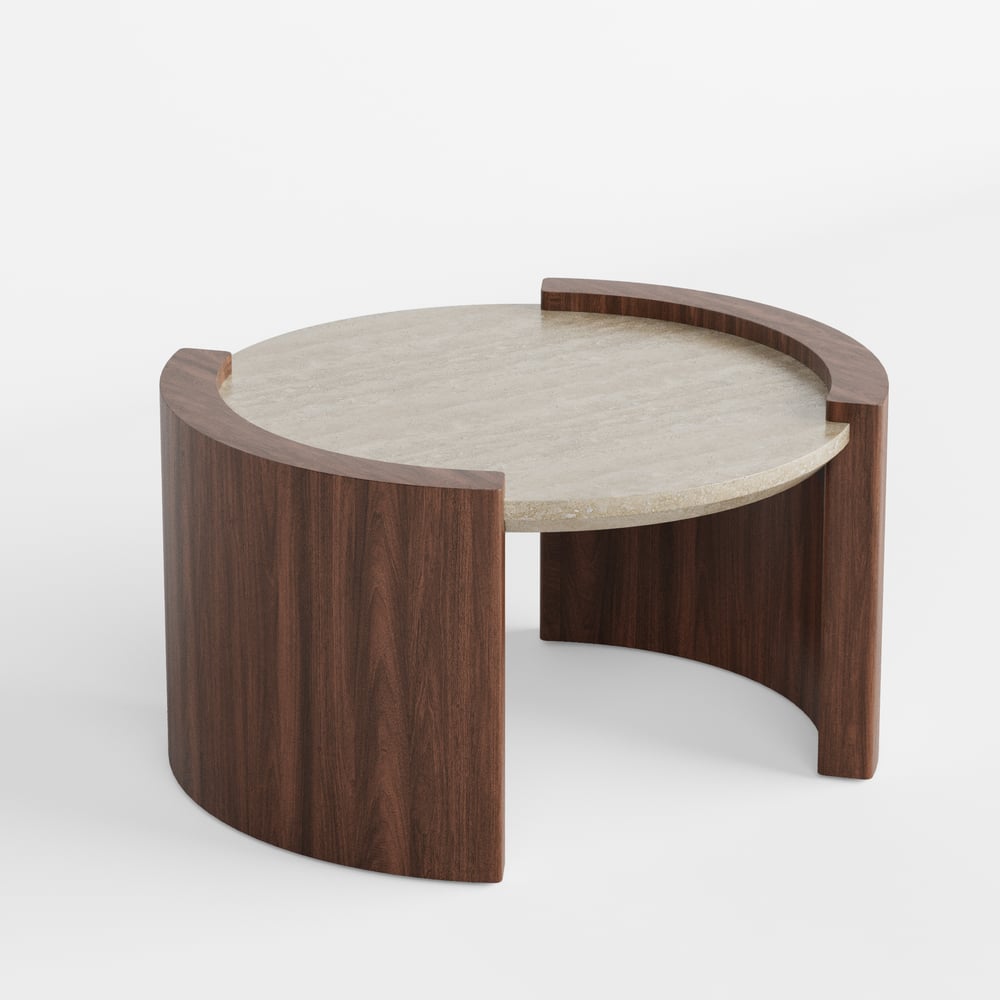 Table basse ronde en noyer de 28 pouces avec plateau en travertin image de fenêtre