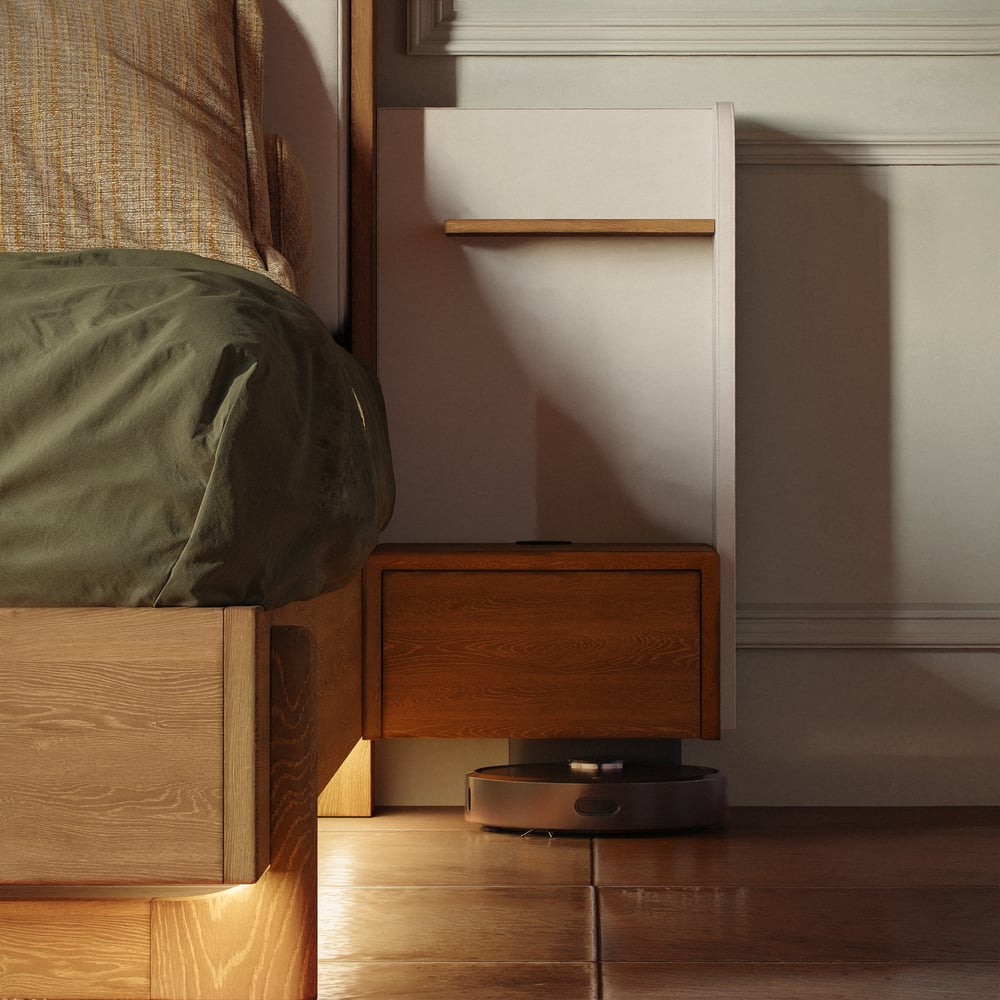 King Solid Wood Bed with Leather Extended Headboard & Floating Smart Nightstand Set window image