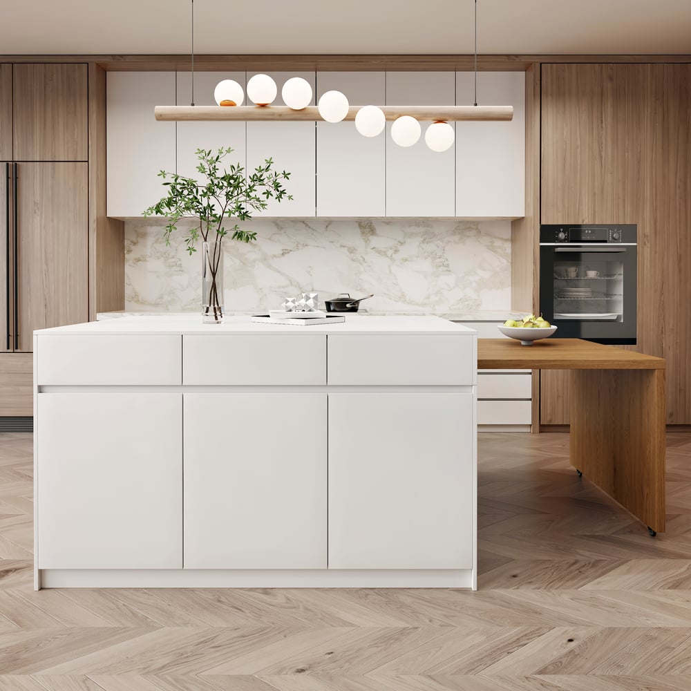Îlot de cuisine extensible en bois de 81'' à 112'' avec rangement, Naturel et Blanc image de fenêtre