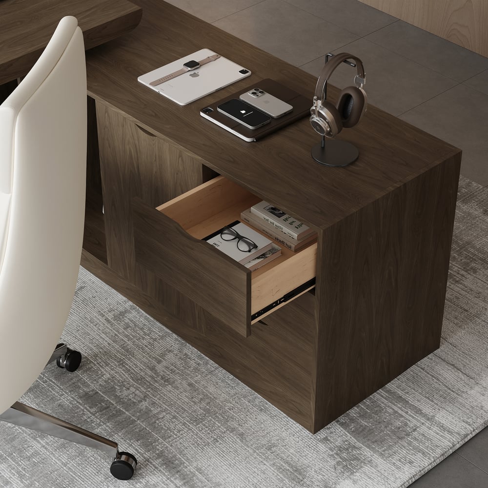 Modern 71" L-vormig directiebureau in gerookt bruin met kast aan de rechterkant Vensterafbeelding