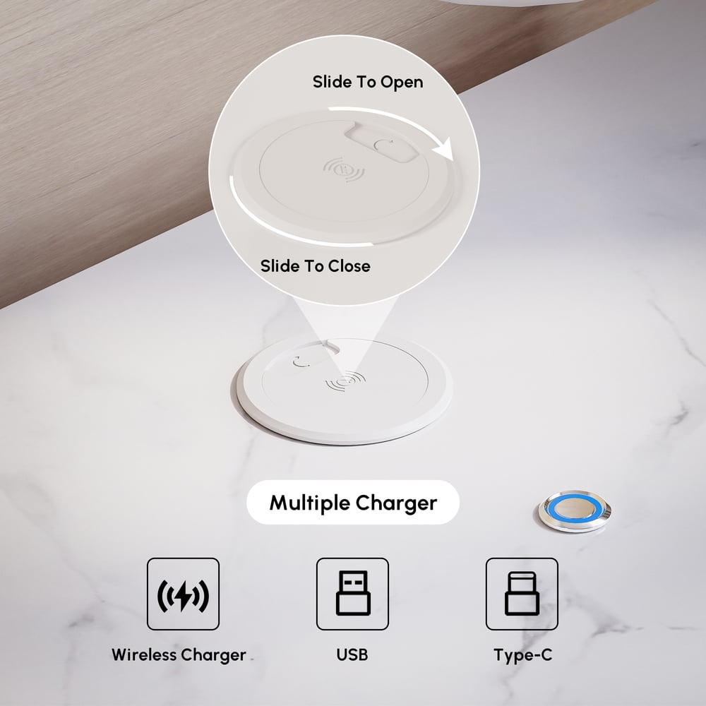 Table de chevet intelligente à LED 1 tiroir en cuir flottant Humply avec plateau en pierre frittée image de fenêtre