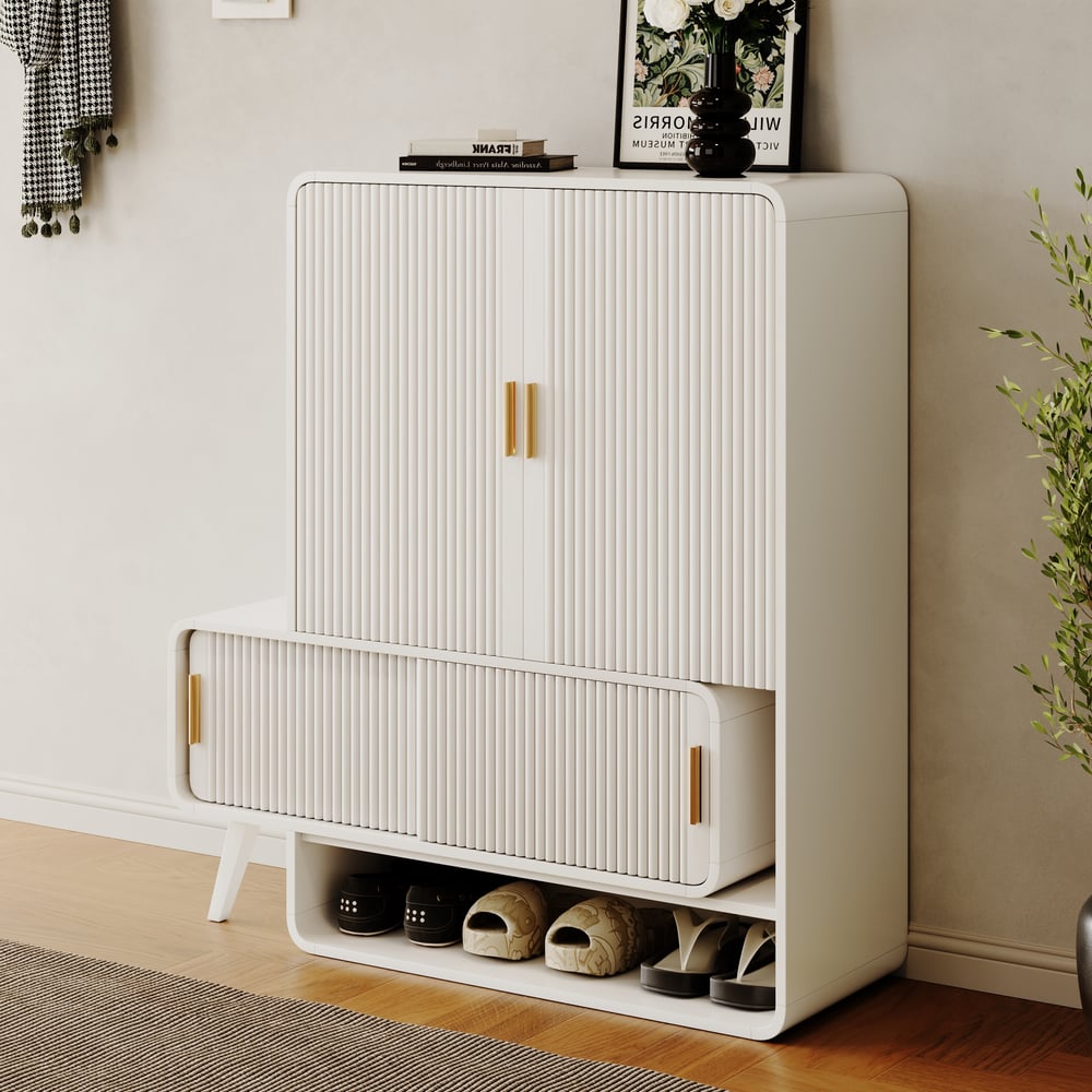 37" Warm White Shoe Storage Fluted Entryway Cabinet,Left Hand window image