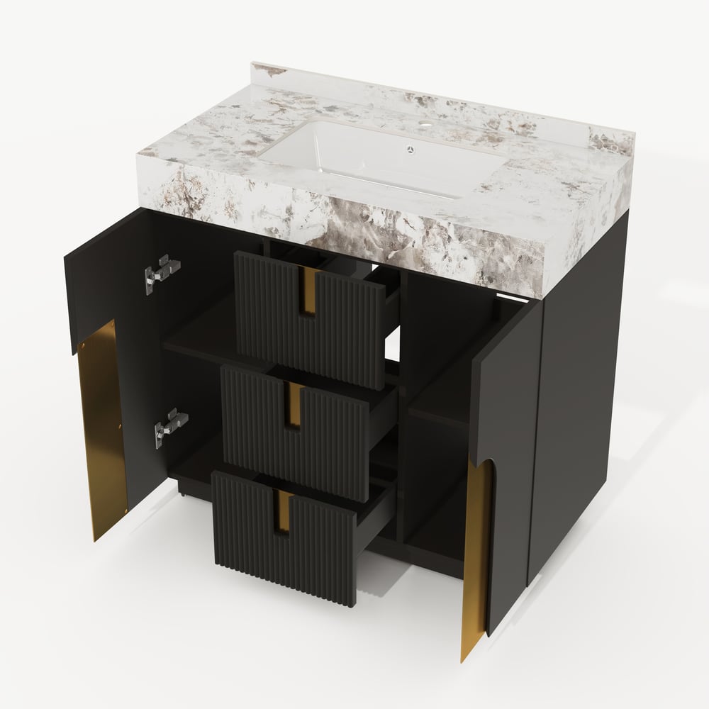 Meuble-lavabo simple autoportant Artis de 91cm avec dessus en pierre frittée image de fenêtre