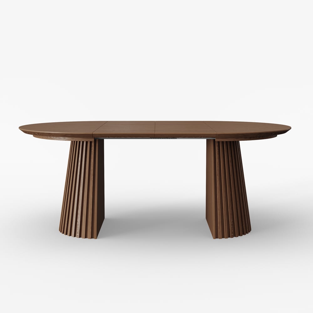 Modern 47"-79" Extendable Walnut Wood Dining Table with Fluted Base, Seats 4-6 window image
