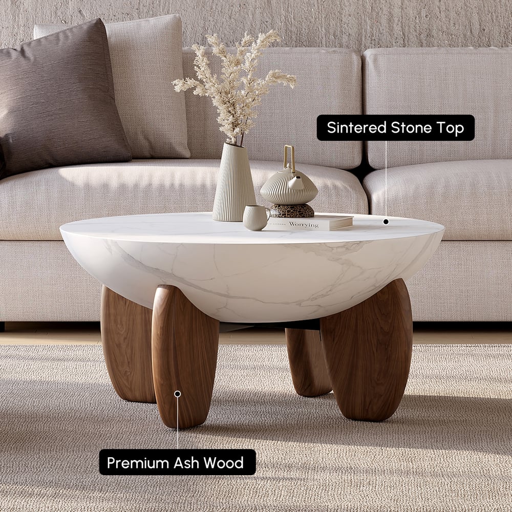 Curva 37" Round Concrete Walnut Coffee Table with Wood Legs window image