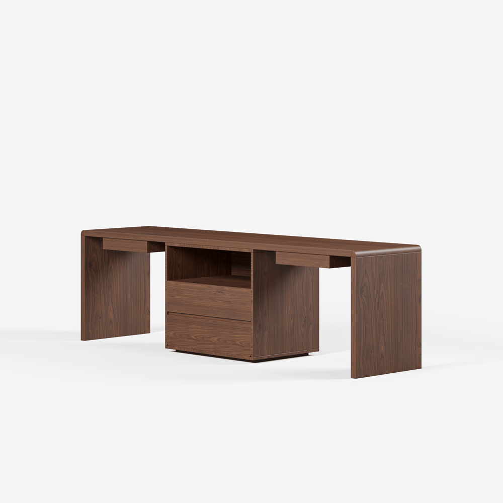 Walnut Double Desk with Drawers & 2 Black PU Leather Modern Home Office Chairs window image