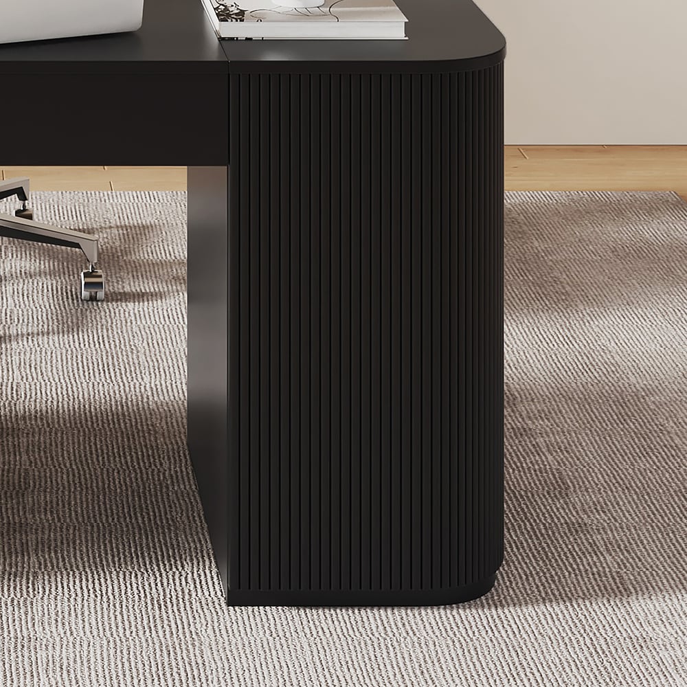 Modern 60" Black Standing Office Desk & Sliding Door Etagere Bookshelf window image