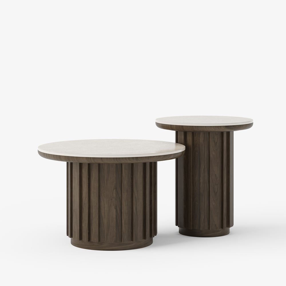 Aura 2 Piece Set Ash Wood Slatted  Round Coffee Table with Sintered Stone Top(20" - 28") window image