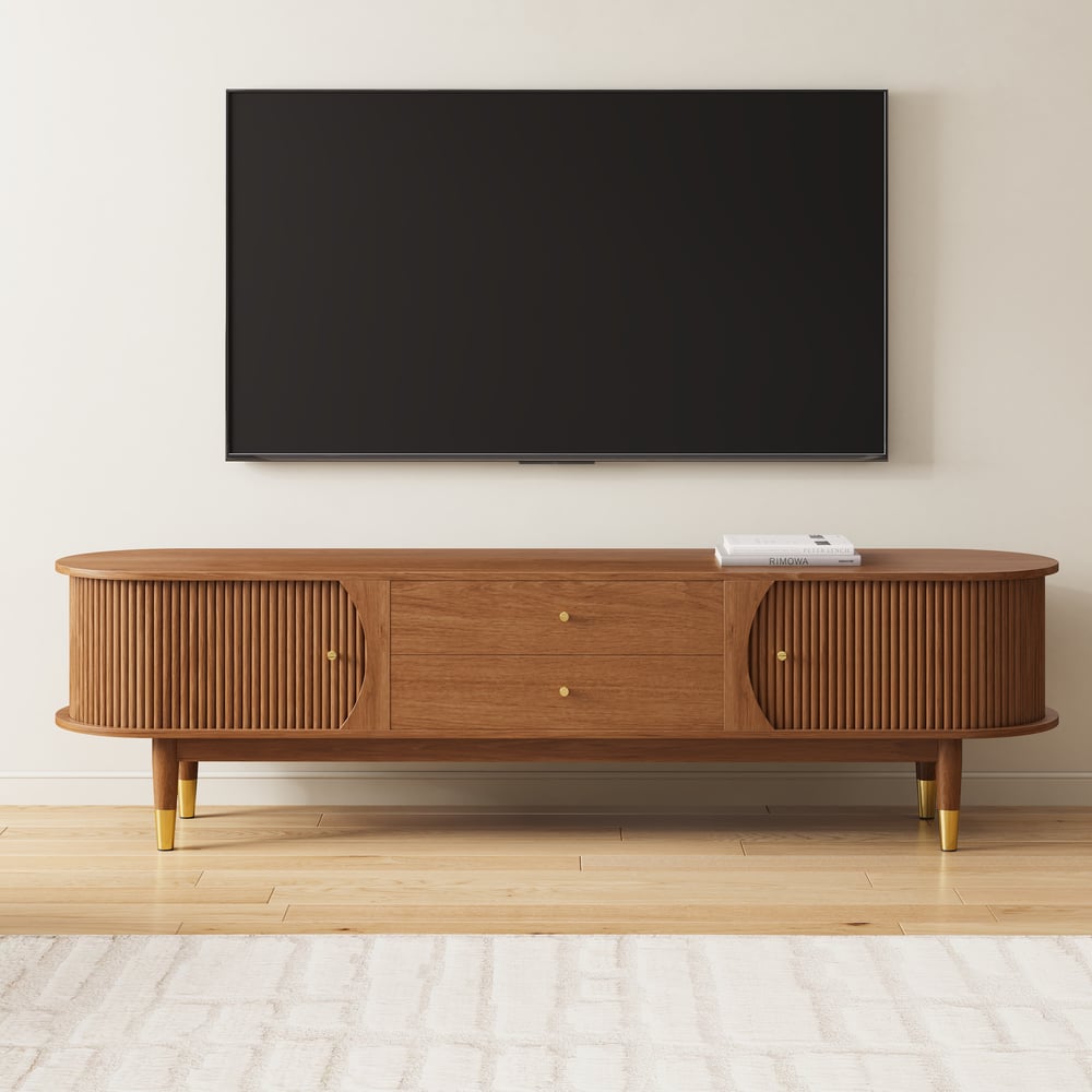 80" Ash Wood Fluted Walnut TV Stand with Storage window image