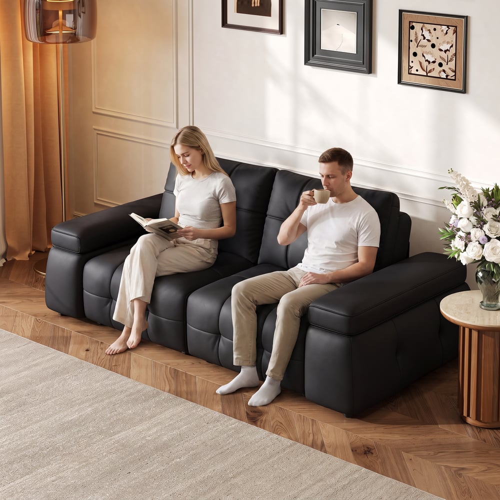 96" 2-Seater Genuine Leather Power Convertible Sleeper Sofa with adjustable armrests window image