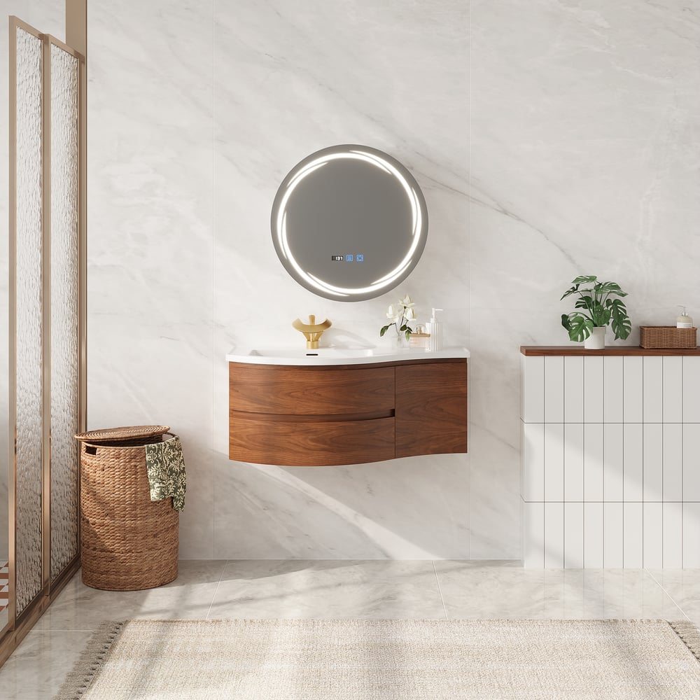 24" Round LED Walnut Medicine Cabinet with Storage, Anti-Fog, Dimmable window image