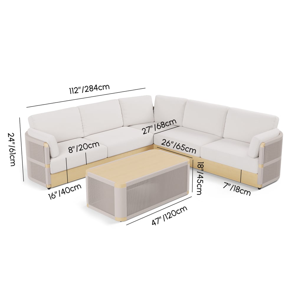 Costra Handwoven Rope L-Shaped Outdoor Sofa with Coffee Table in Ivory weights dimensions image