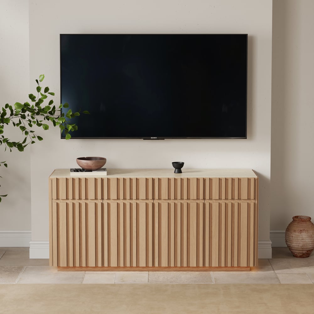 Aura 65" Ash Wood Slatted Natural TV Stand with Sintered Stone Top window image