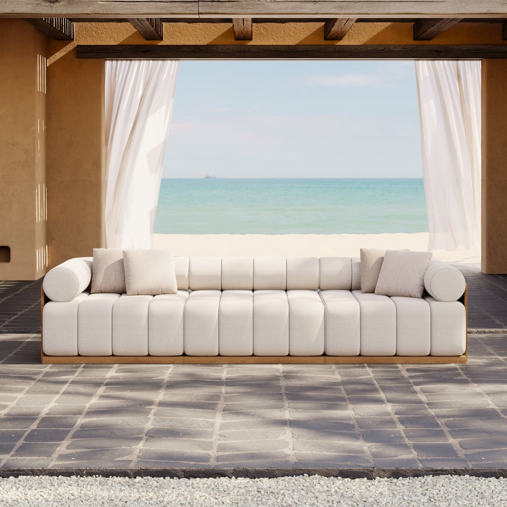 Resaro Teak Wood Deep-Seat 3-Seater Outdoor Sofa Warm White window image