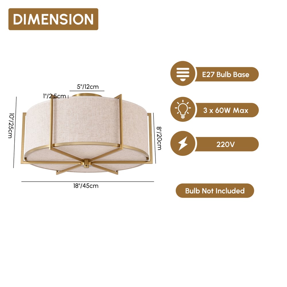 18" Linen Flush Mount Light in Gold Finish, 3-Light window image