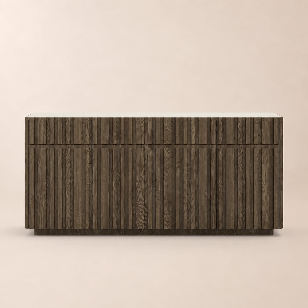 Aura 65" Ash Wood Slatted TV Stand with Sintered Stone Top window image