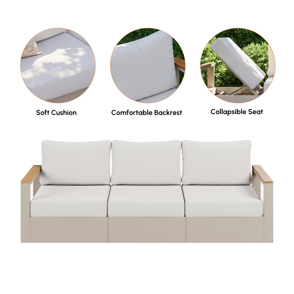 Tevara 6-Person Outdoor Sofa Set with Wood & Aluminium Frame, Sand & Warm White (4-Piece) window image
