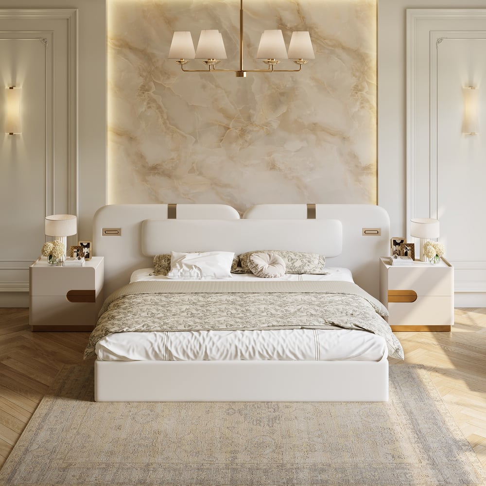 Hovra King White Faux Leather Platform Bedroom Set window image