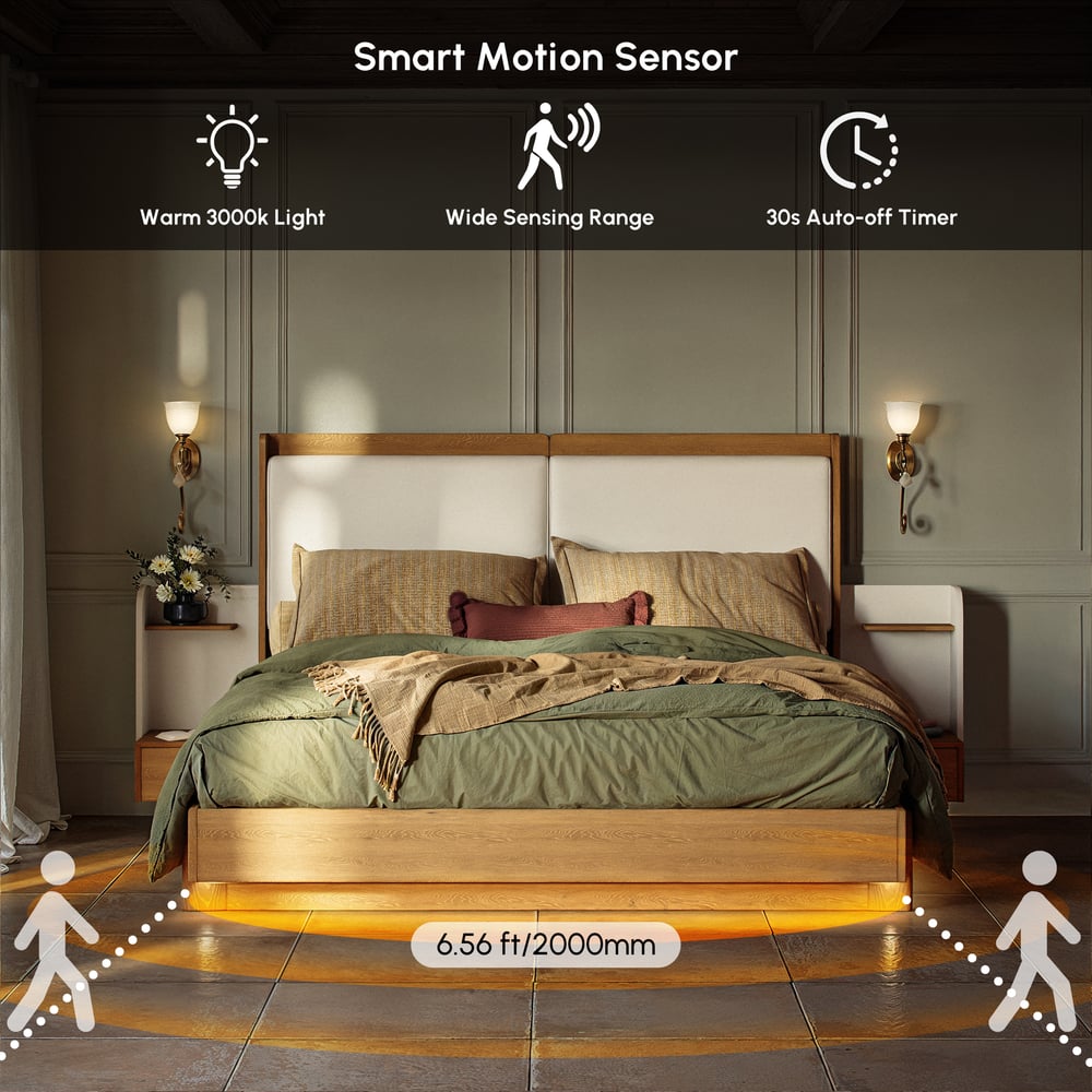 King Solid Wood Bed with Leather Extended Headboard & Floating Smart Nightstand Set window image