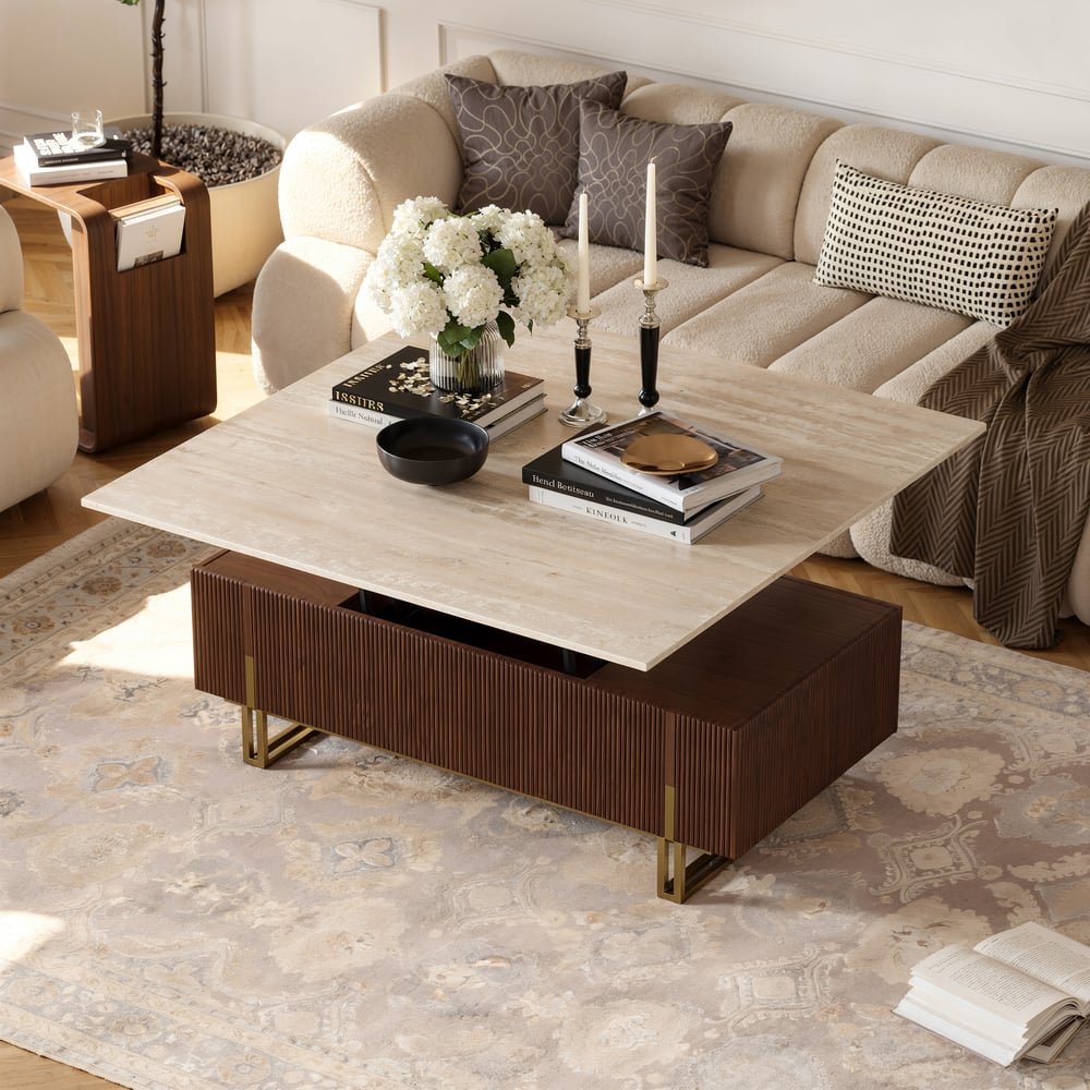 Table basse relevable Grovyn de 47,2" avec finition cannelée et 2 tiroirs image de fenêtre