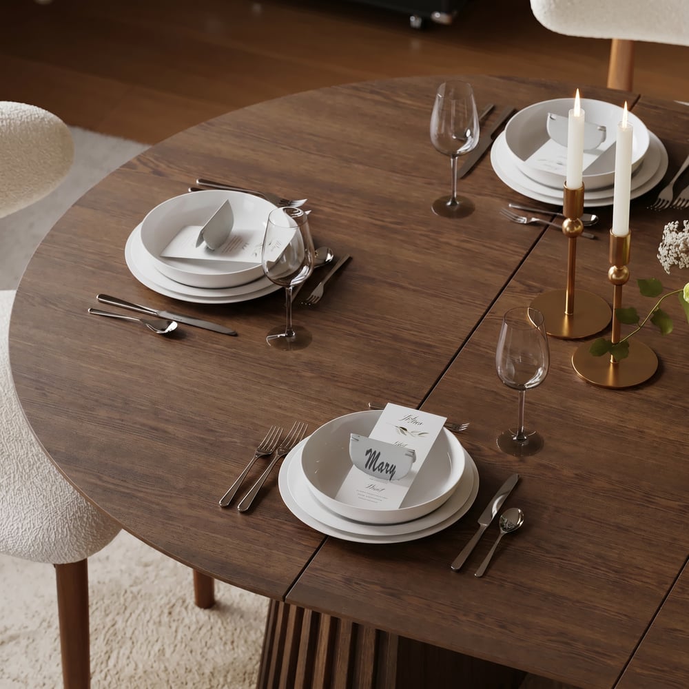 Modern 47"-79" Extendable Walnut Wood Dining Table with Fluted Base, Seats 4-6 window image