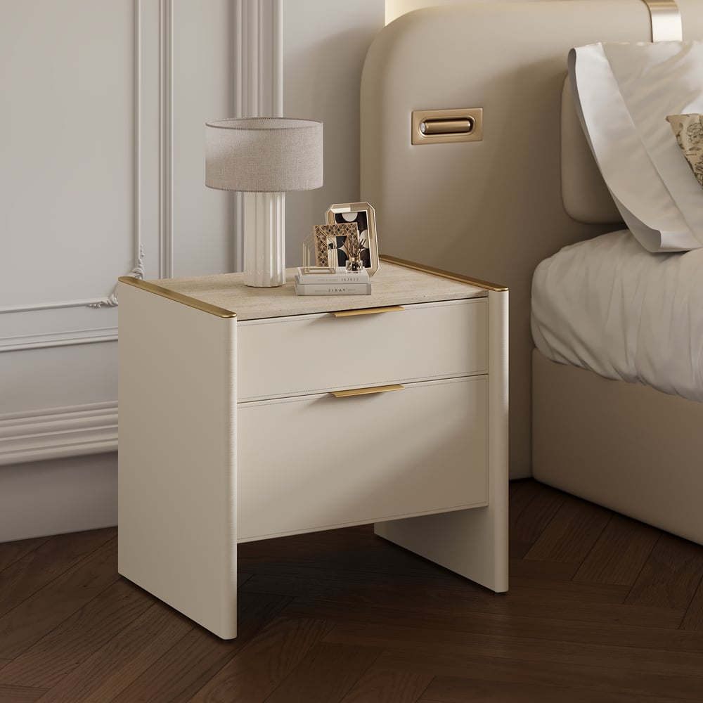 Modern Saddle Leather 2-Drawer Nightstand with Faux Travertine Stone Top window image